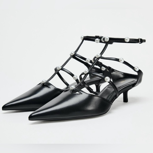 NWT Zara Sling Back Kitten Heels with Pearl Detailing size 38 - Picture 1 of 13